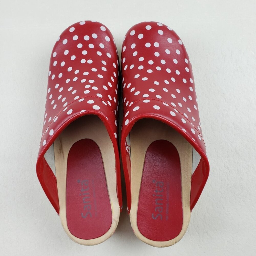 Sanita Fenja Polka Dot Clog Womens US 7 EU 38 Red Leather Slip On Wooden Shoe - Picture 10 of 16